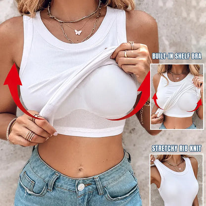 Round Neck Built-in Bra Ribbed Tank Top