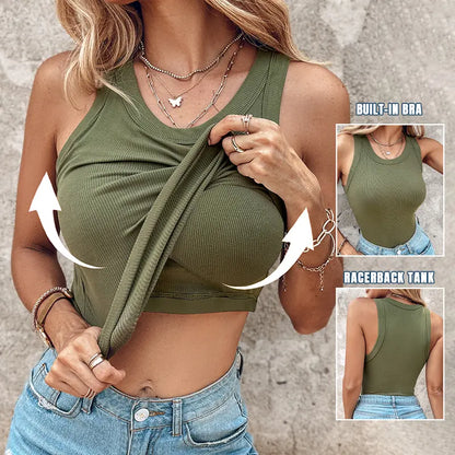 Round Neck Built-in Bra Ribbed Tank Top