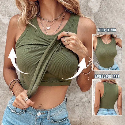 Round Neck Built-in Bra Ribbed Tank Top